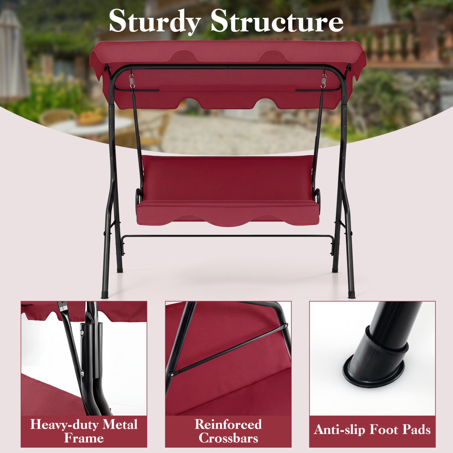 3 Seat Outdoor Patio Canopy Swing with Cushioned Steel Frame, Red Porch Swings at Gallery Canada