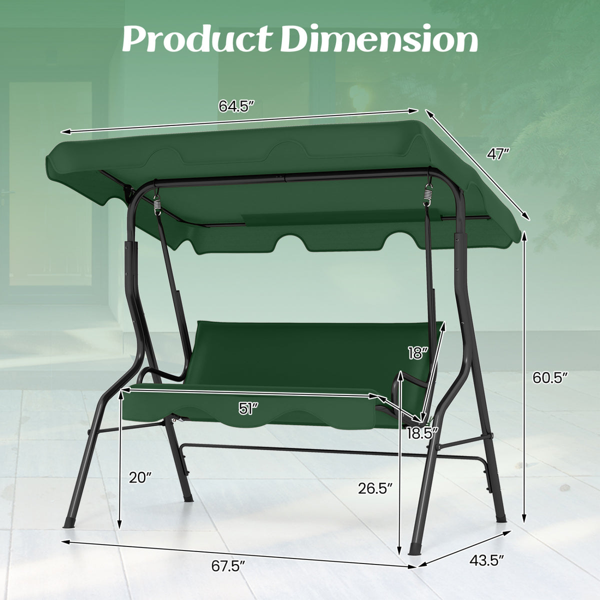 3 Seat Outdoor Patio Canopy Swing with Cushioned Steel Frame, Dark Green