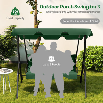 3 Seat Outdoor Patio Canopy Swing with Cushioned Steel Frame, Dark Green