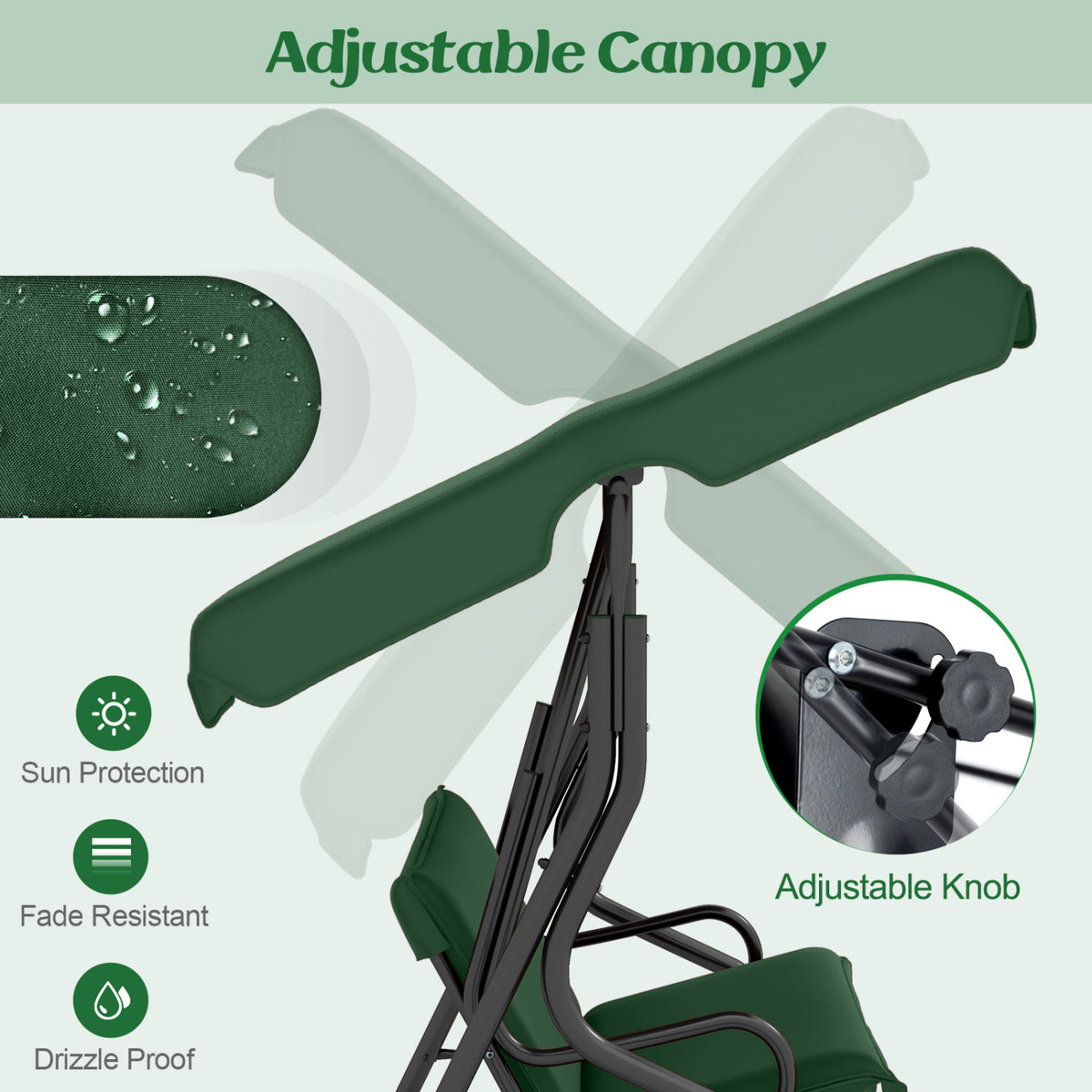 3 Seat Outdoor Patio Canopy Swing with Cushioned Steel Frame, Dark Green