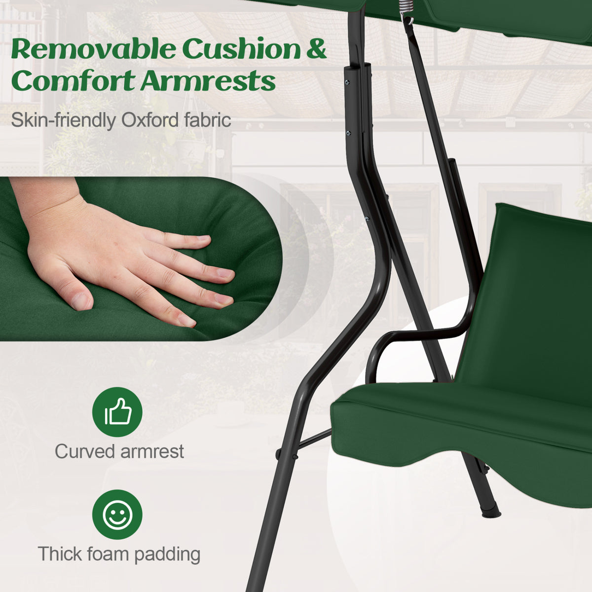 3 Seat Outdoor Patio Canopy Swing with Cushioned Steel Frame, Dark Green