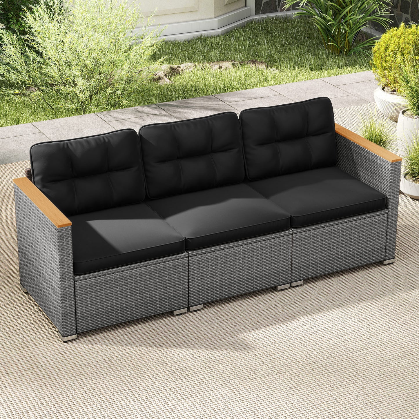 3-Seat Patio Couch Sofa PE Rattan Loveseat Furniture Set with Deep Seating and Cushion-Mix Grey, Black Outdoor Chaise Lounges at Gallery Canada