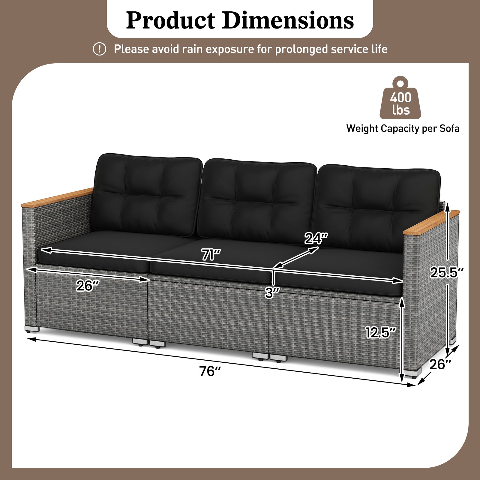 3-Seat Patio Couch Sofa PE Rattan Loveseat Furniture Set with Deep Seating and Cushion-Mix Grey, Black Outdoor Chaise Lounges at Gallery Canada