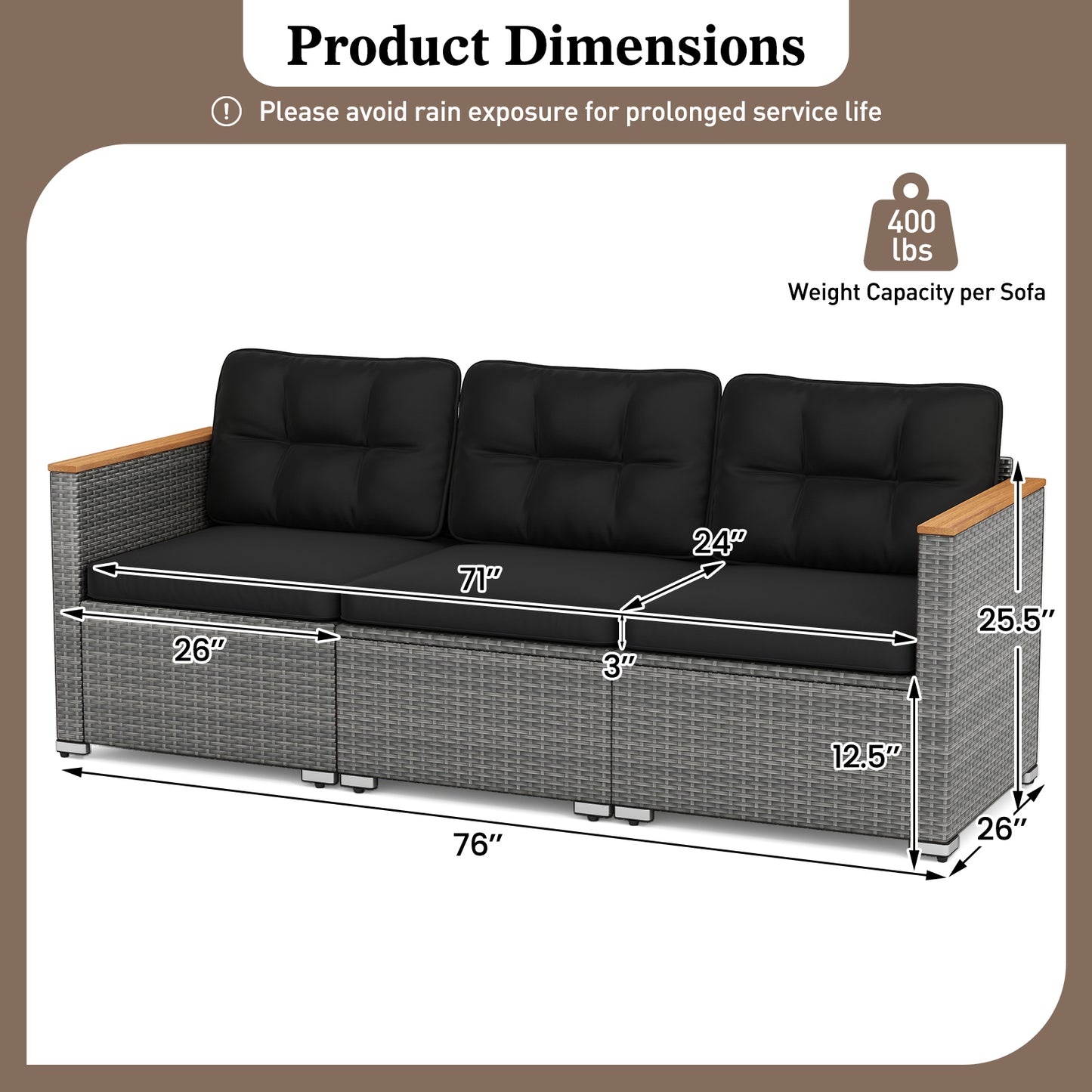 3-Seat Patio Couch Sofa PE Rattan Loveseat Furniture Set with Deep Seating and Cushion-Mix Grey, Black Outdoor Chaise Lounges at Gallery Canada