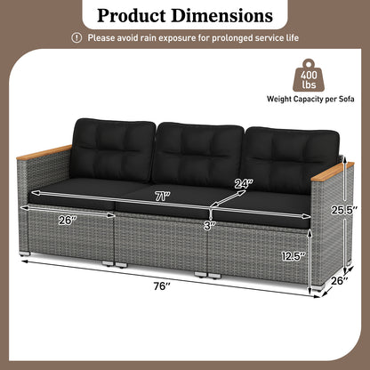 3-Seat Patio Couch Sofa PE Rattan Loveseat Furniture Set with Deep Seating and Cushion-Mix Grey, Black Outdoor Chaise Lounges at Gallery Canada