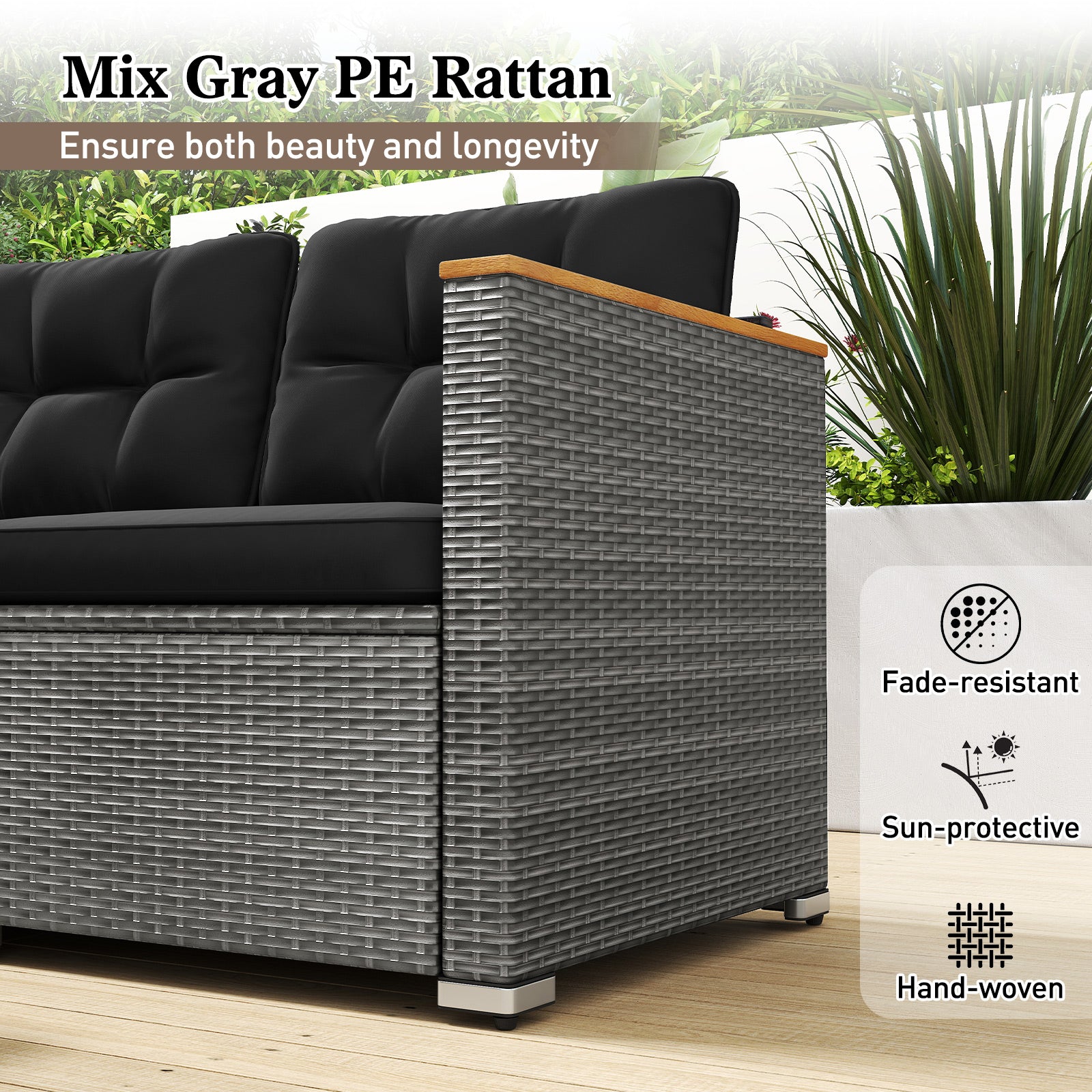3-Seat Patio Couch Sofa PE Rattan Loveseat Furniture Set with Deep Seating and Cushion-Mix Grey, Black Outdoor Chaise Lounges at Gallery Canada