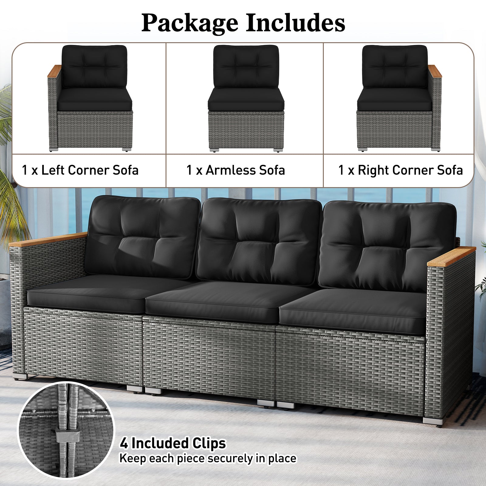 3-Seat Patio Couch Sofa PE Rattan Loveseat Furniture Set with Deep Seating and Cushion-Mix Grey, Black Outdoor Chaise Lounges at Gallery Canada
