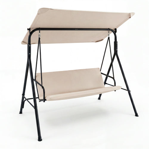 3-Seat Patio Swing Chair with Adjustable Canopy & Removable Cushion, Beige