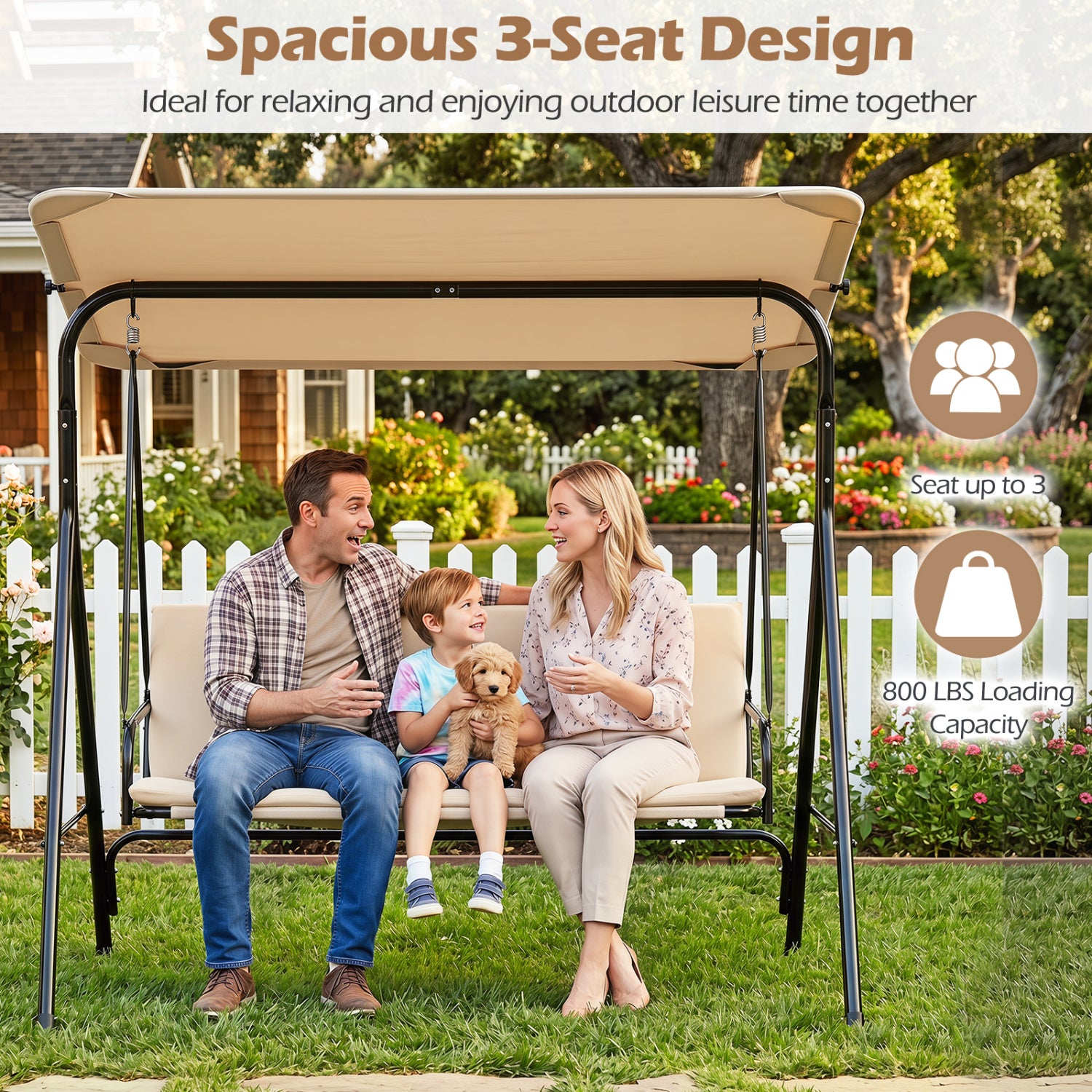3-Seat Patio Swing Chair with Adjustable Canopy & Removable Cushion, Beige Porch Swings at Gallery Canada