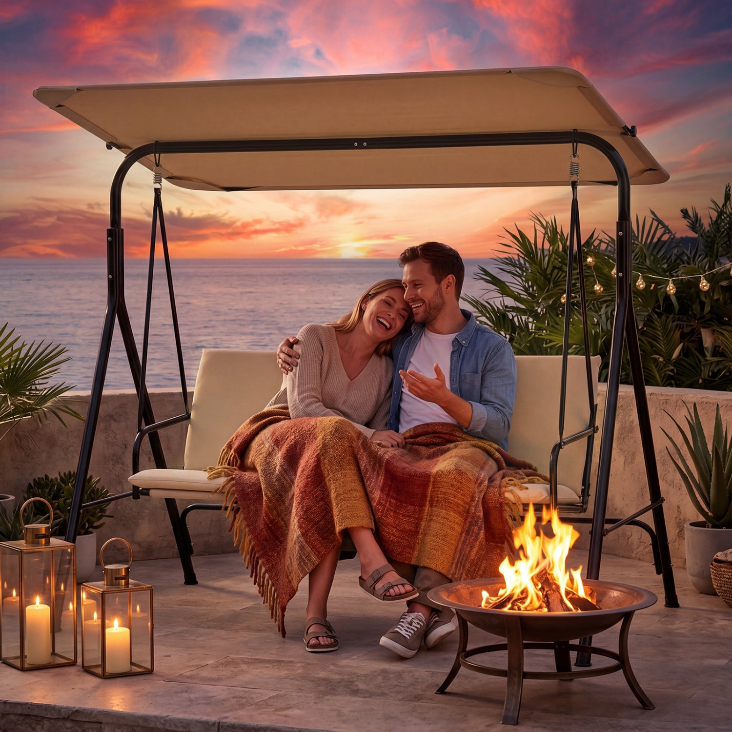 3-Seat Patio Swing Chair with Adjustable Canopy & Removable Cushion, Beige Porch Swings at Gallery Canada