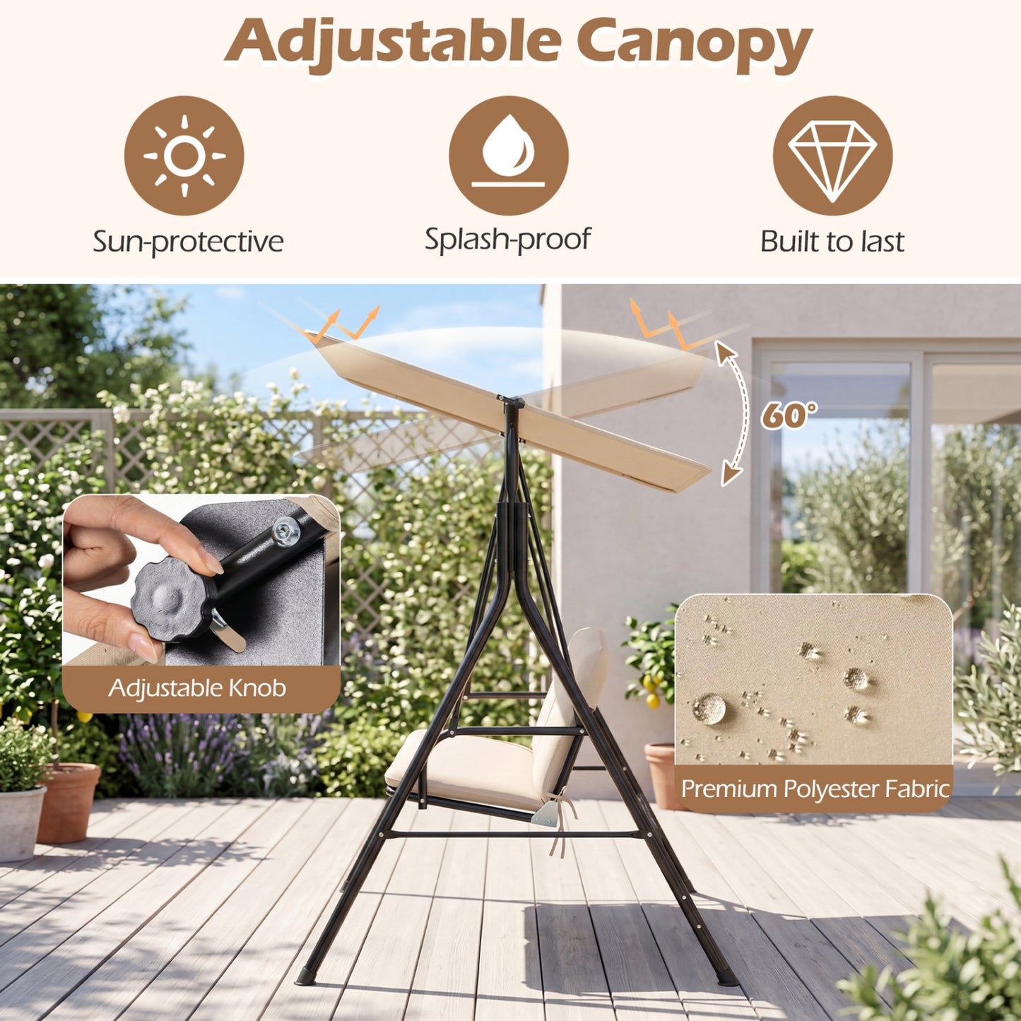 3-Seat Patio Swing Chair with Adjustable Canopy & Removable Cushion, Beige Porch Swings at Gallery Canada