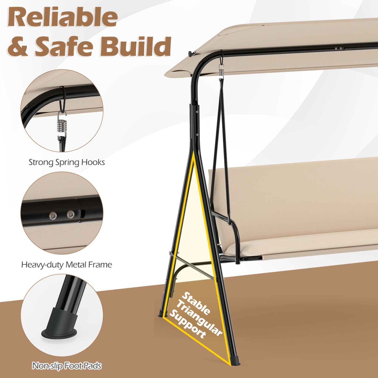 3-Seat Patio Swing Chair with Adjustable Canopy & Removable Cushion, Beige Porch Swings at Gallery Canada