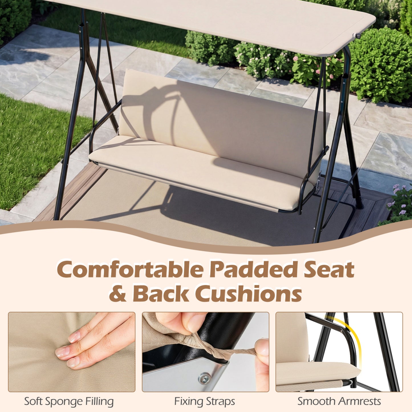 3-Seat Patio Swing Chair with Adjustable Canopy & Removable Cushion, Beige Porch Swings at Gallery Canada