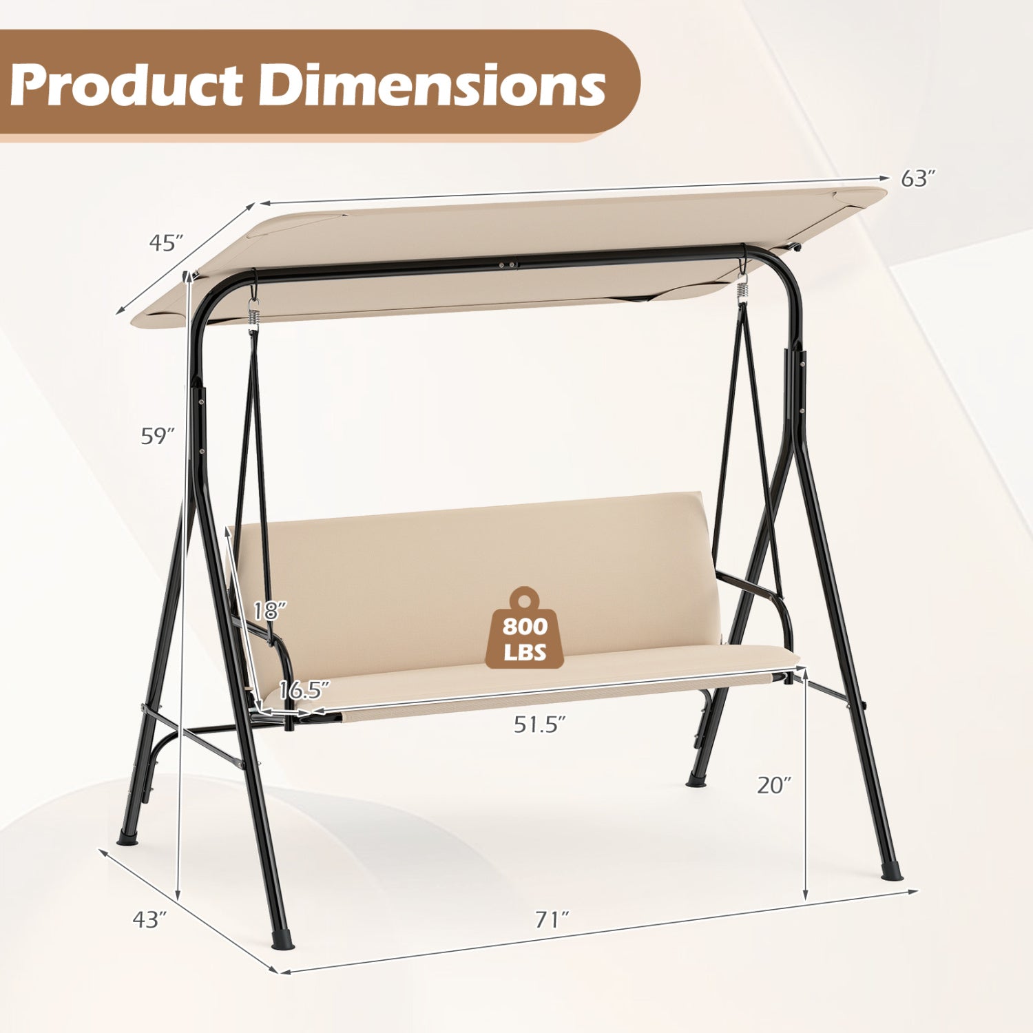 3-Seat Patio Swing Chair with Adjustable Canopy & Removable Cushion, Beige Porch Swings at Gallery Canada