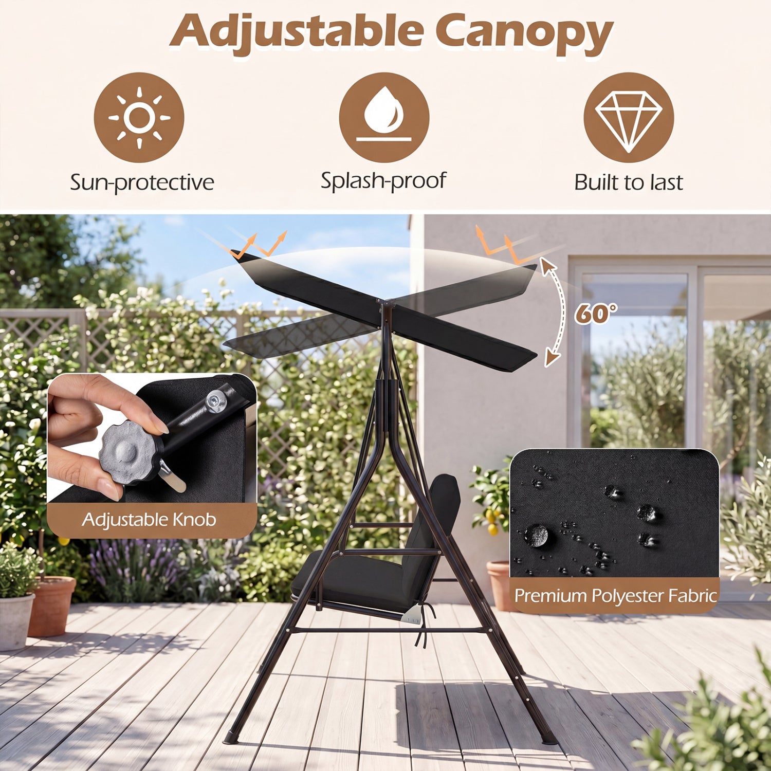 3-Seat Patio Swing Chair with Adjustable Canopy & Removable Cushion, Black Porch Swings at Gallery Canada