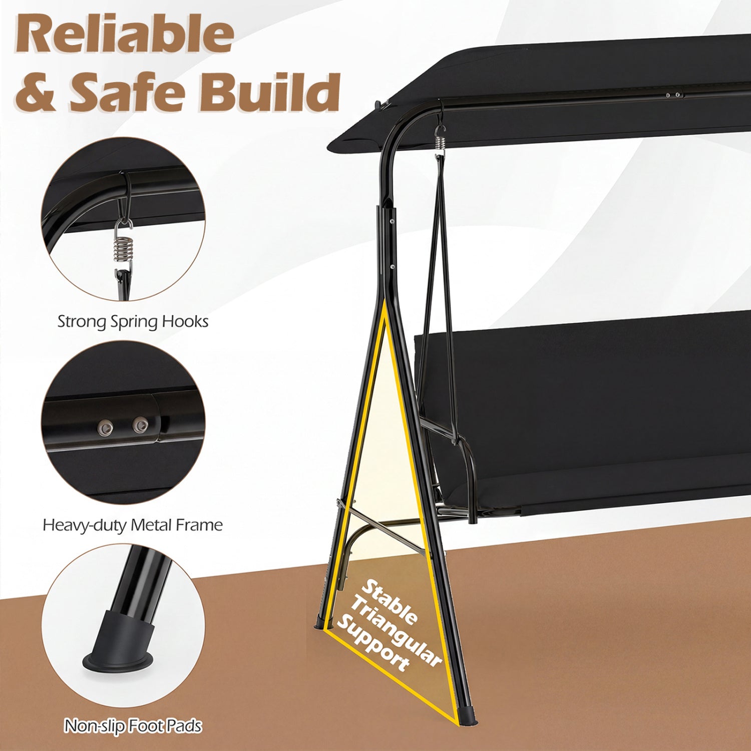 3-Seat Patio Swing Chair with Adjustable Canopy & Removable Cushion, Black Porch Swings at Gallery Canada