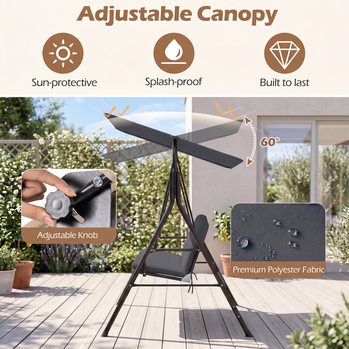 3-Seat Patio Swing Chair with Adjustable Canopy & Removable Cushion, Gray Porch Swings at Gallery Canada