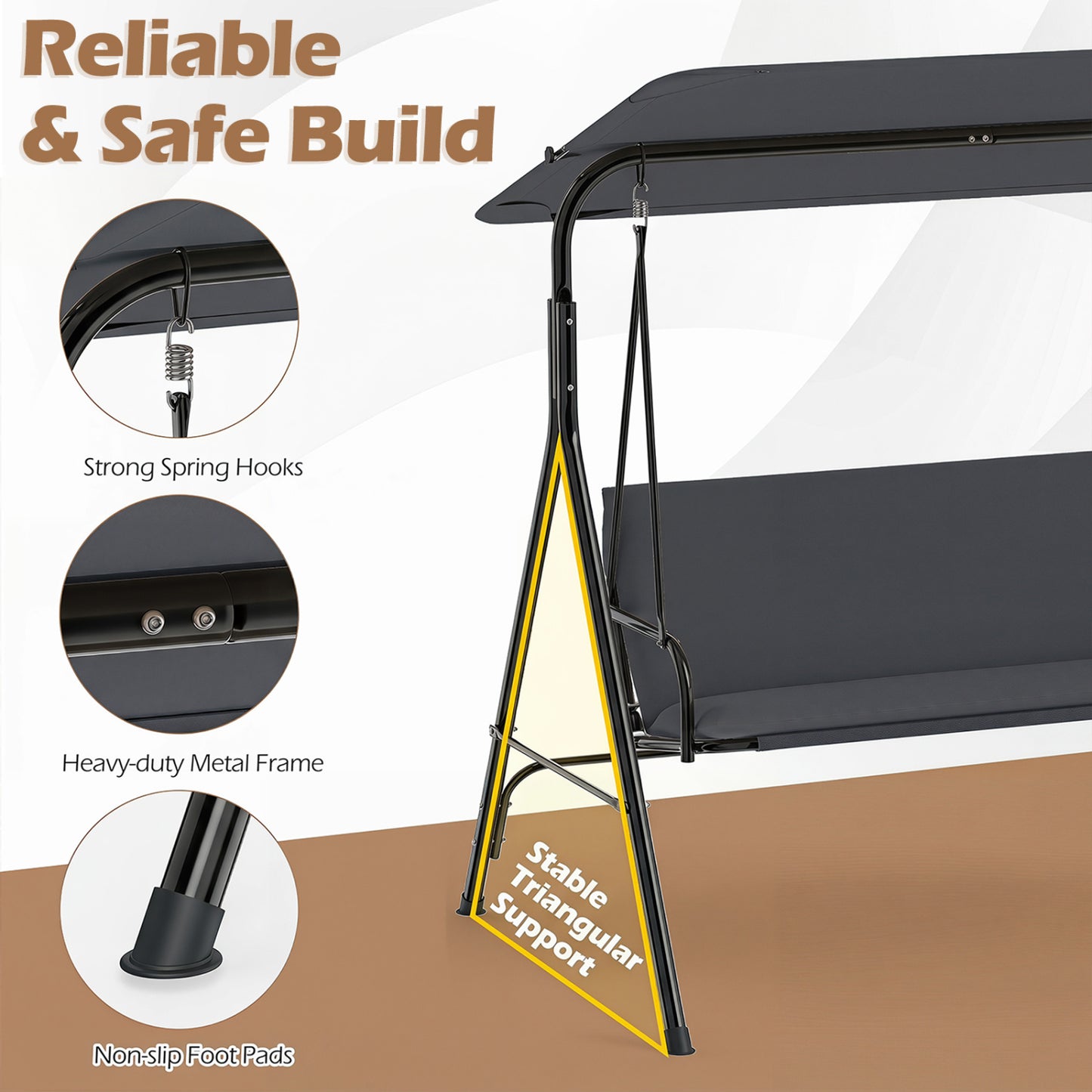 3-Seat Patio Swing Chair with Adjustable Canopy & Removable Cushion, Gray Porch Swings at Gallery Canada