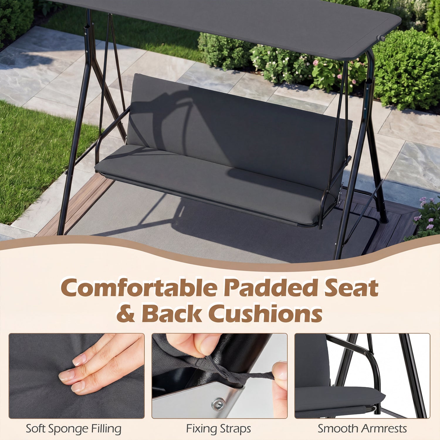 3-Seat Patio Swing Chair with Adjustable Canopy & Removable Cushion, Gray Porch Swings at Gallery Canada