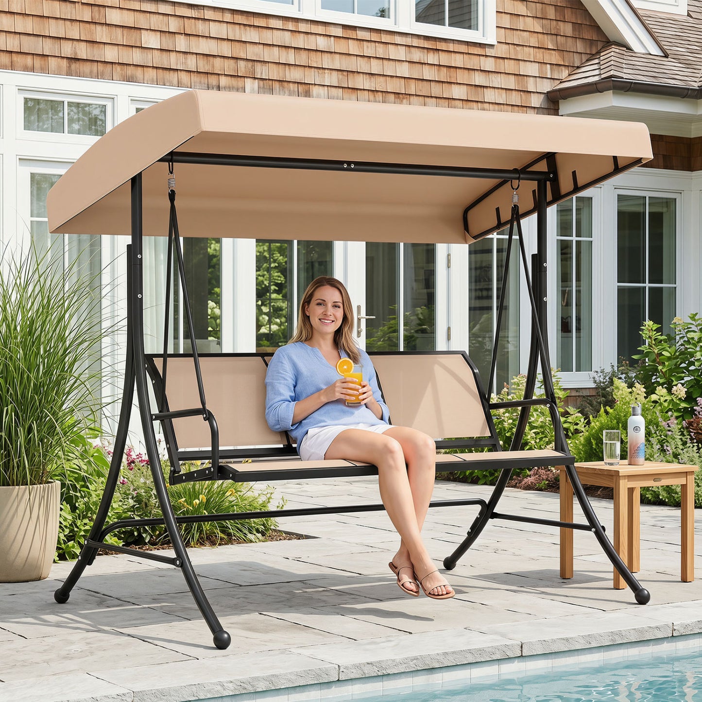 3-Seat Patio Swing Chair with Adjustable Canopy , Black Porch Swings at Gallery Canada