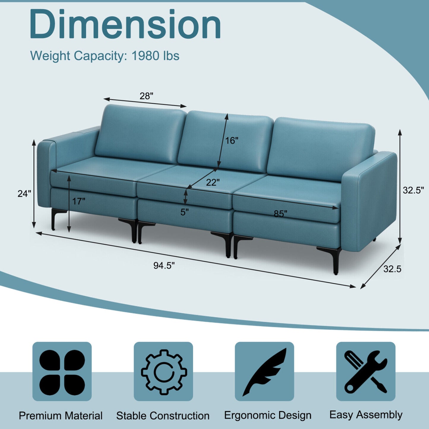 3-Seat Sectional Sofa, With Armrest Magazine Pocket, Metal Leg, Blue Sofas & Loveseats at Gallery Canada