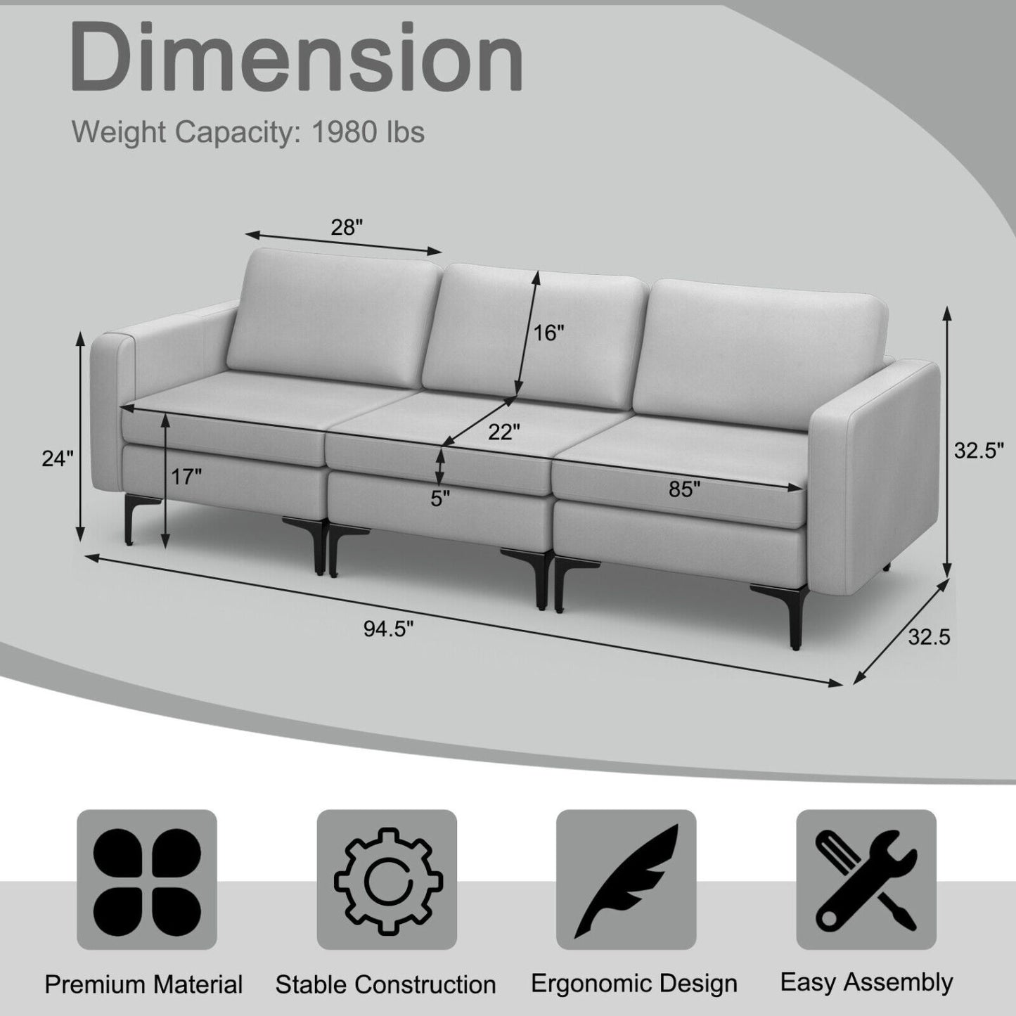 3-Seat Sectional Sofa, With Armrest Magazine Pocket, Light Gray Sofas & Loveseats at Gallery Canada