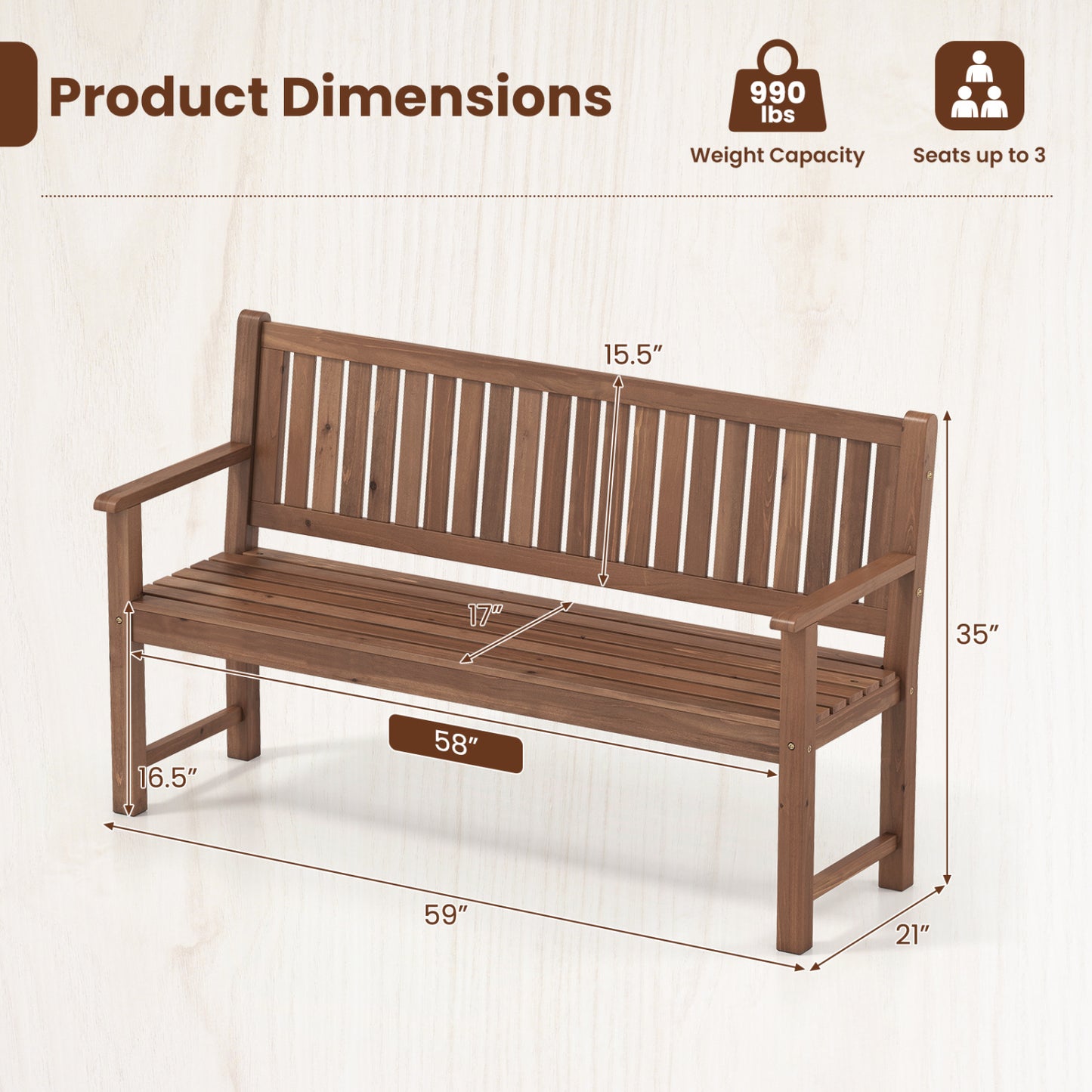 59" Outdoor Wooden Bench with Backrest, Brown