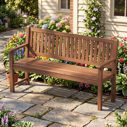 59" Outdoor Wooden Bench with Backrest, Brown