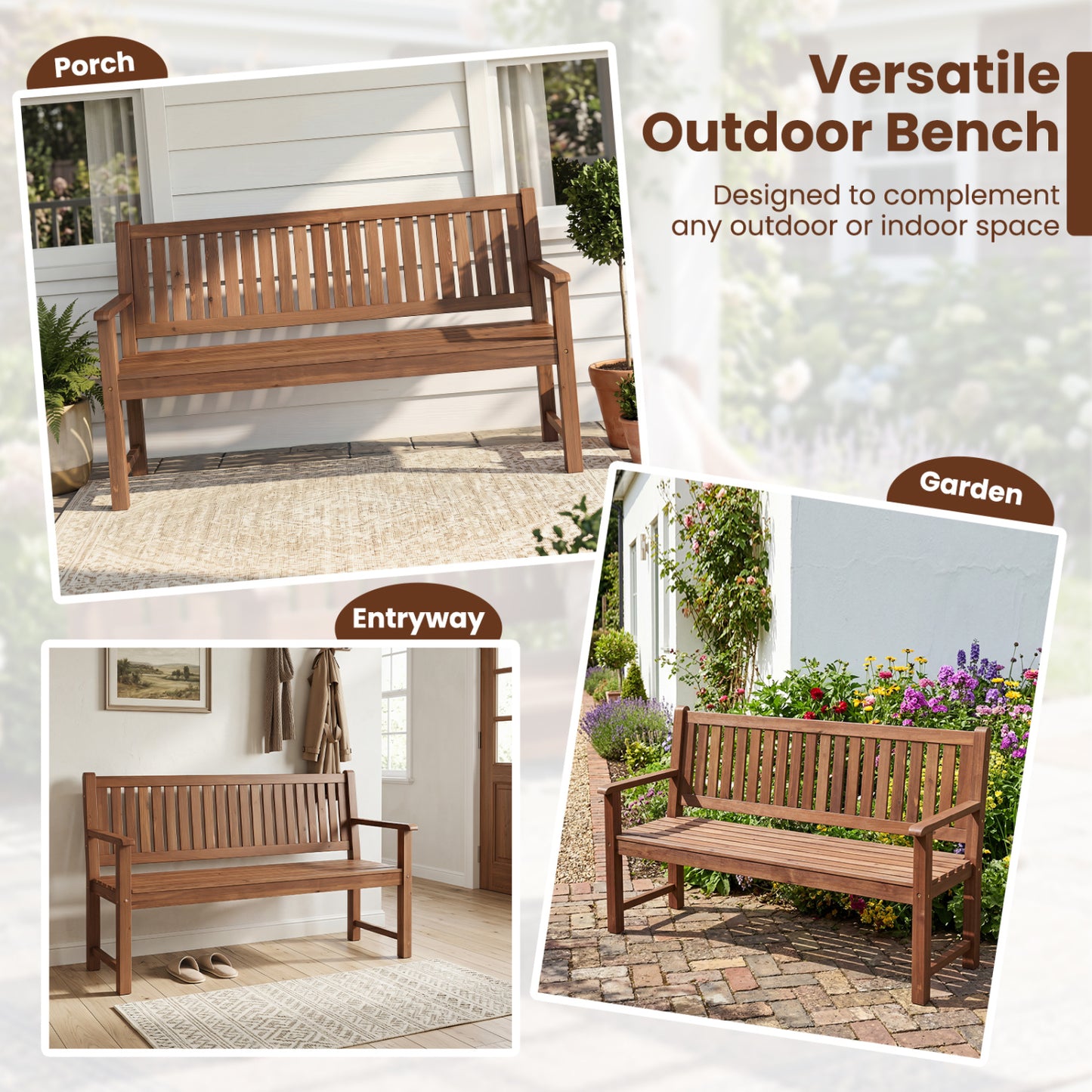 59" Outdoor Wooden Bench with Backrest, Brown