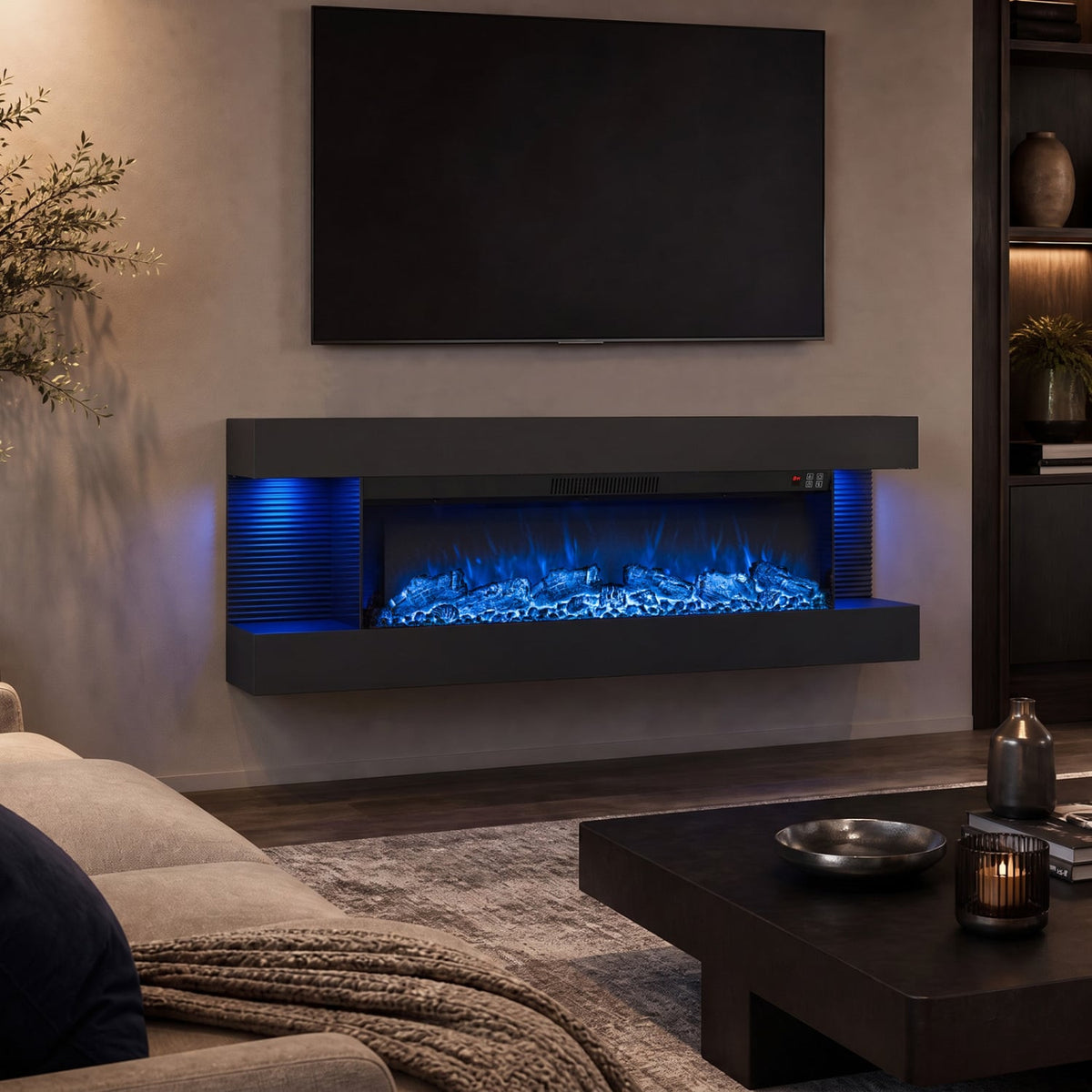 50 Inches, Electric WiFi Fireplace, 3-Sided Wall Mount, 12 Flame, Black