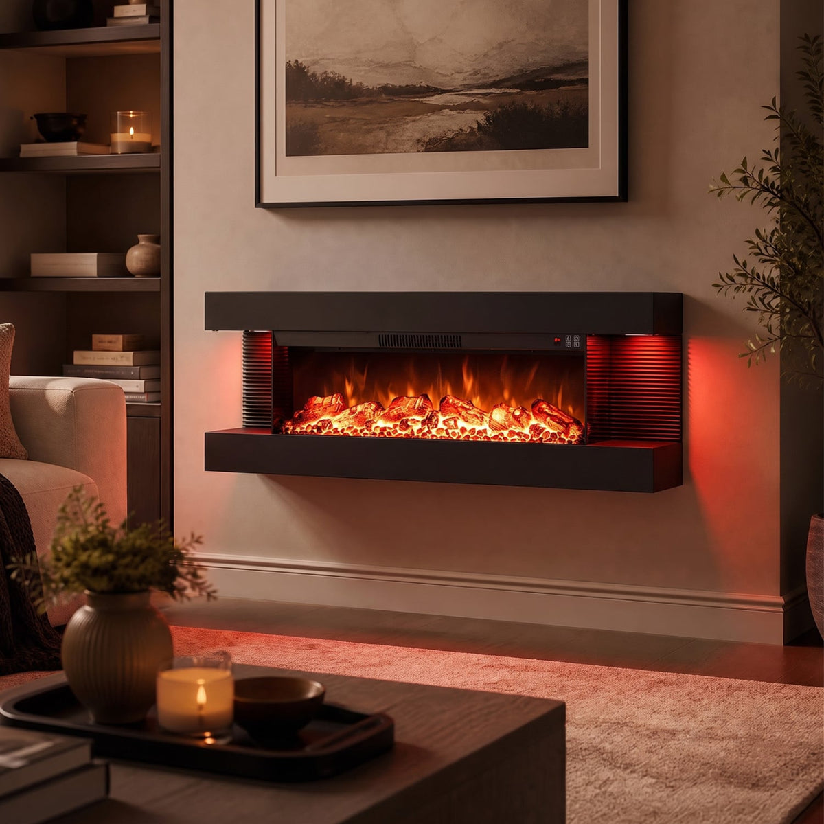 50 Inches, Electric WiFi Fireplace, 3-Sided Wall Mount, 12 Flame, Black