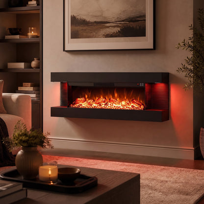 50 Inches, Electric WiFi Fireplace, 3-Sided Wall Mount, 12 Flame, Black