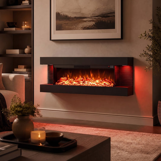 50 Inches, Electric WiFi Fireplace, 3-Sided Wall Mount, 12 Flame, Black Fireplaces Black at Gallery Canada