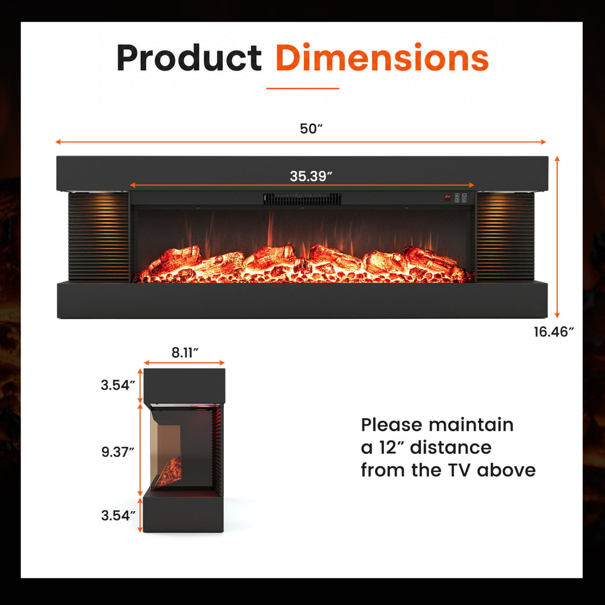 50 Inches, Electric WiFi Fireplace, 3-Sided Wall Mount, 12 Flame, Black