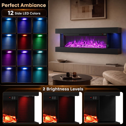 50 Inches, Electric WiFi Fireplace, 3-Sided Wall Mount, 12 Flame, Black