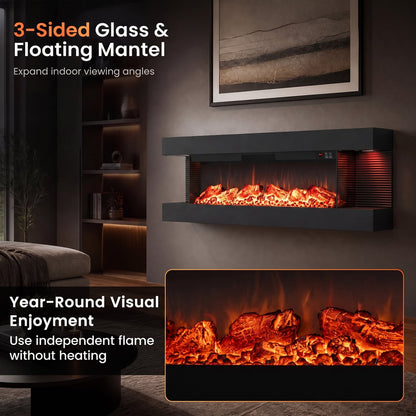 50 Inches, Electric WiFi Fireplace, 3-Sided Wall Mount, 12 Flame, Black