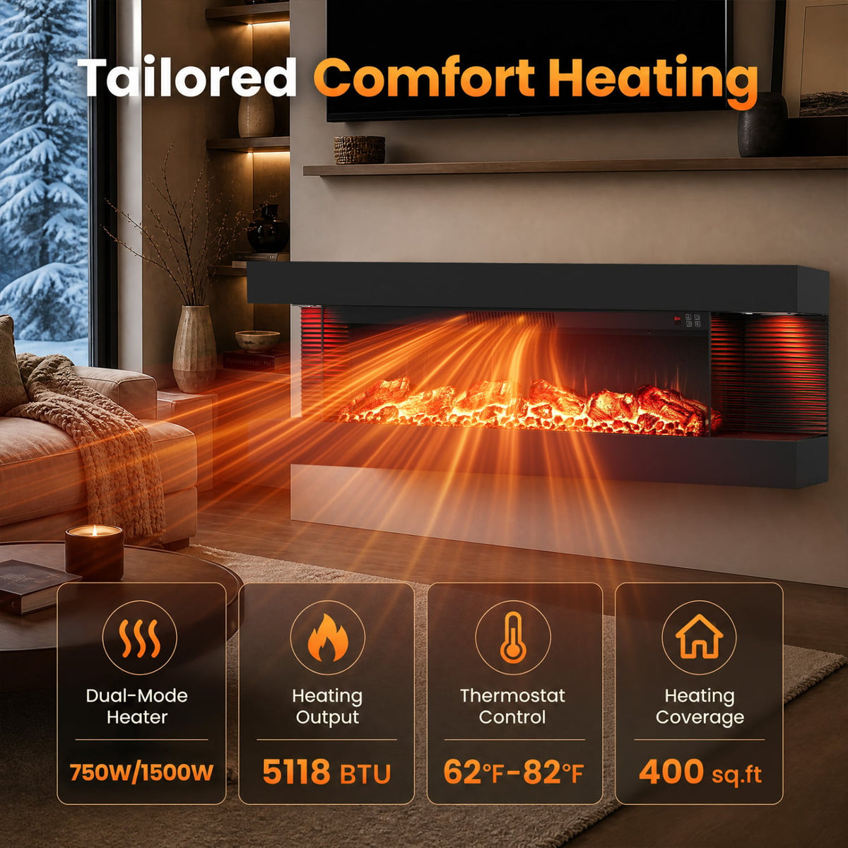 50 Inches, Electric WiFi Fireplace, 3-Sided Wall Mount, 12 Flame, Black