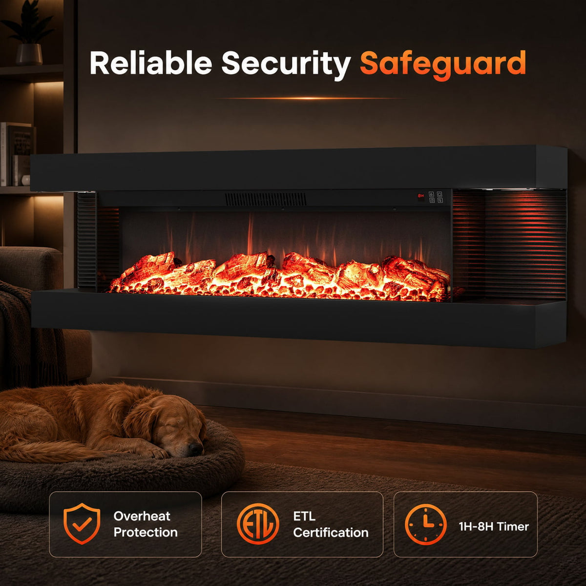 50 Inches, Electric WiFi Fireplace, 3-Sided Wall Mount, 12 Flame, Black