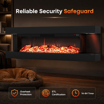 50 Inches, Electric WiFi Fireplace, 3-Sided Wall Mount, 12 Flame, Black