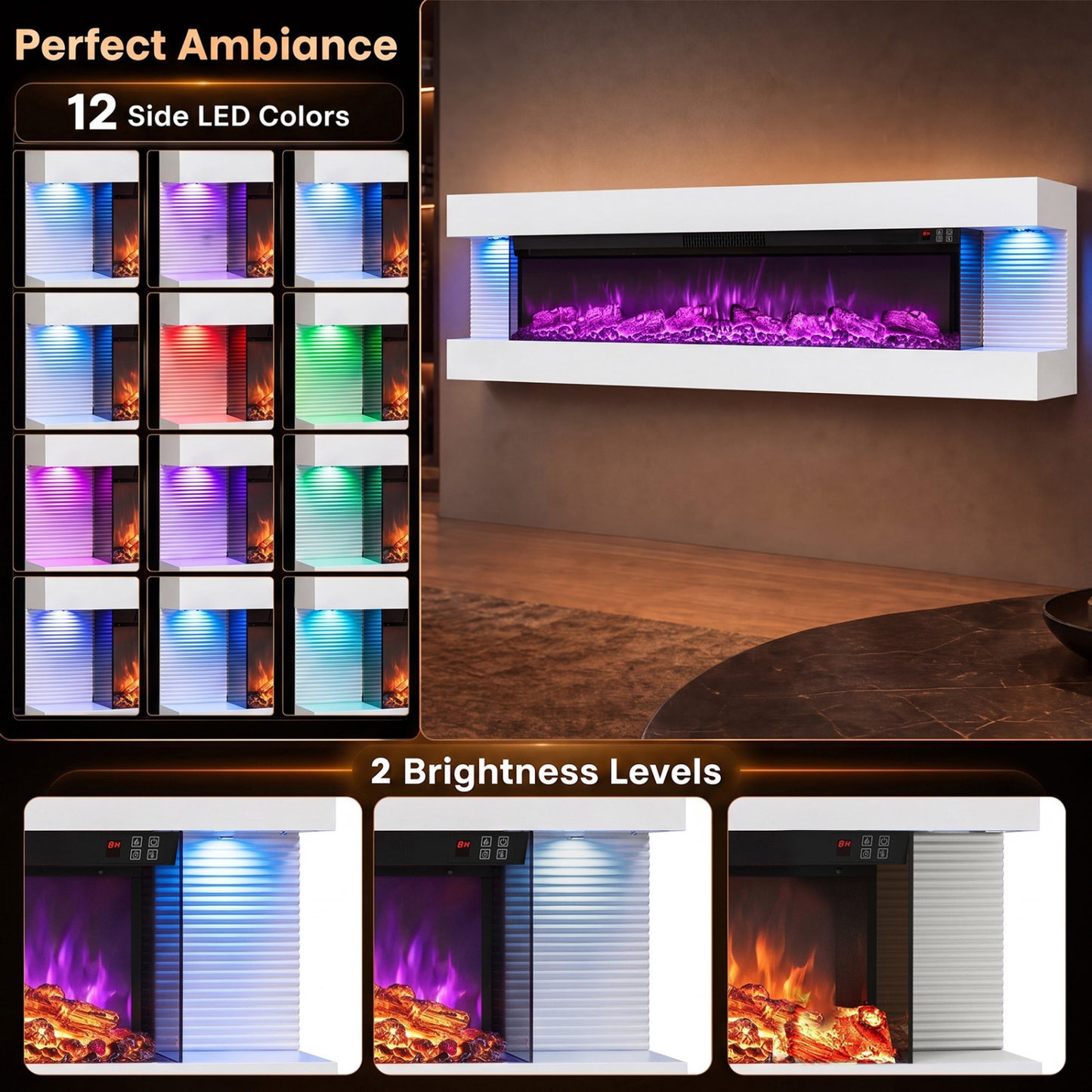 60 Inches WiFi Electric Fireplace, 3-Sided Wall Mount, White