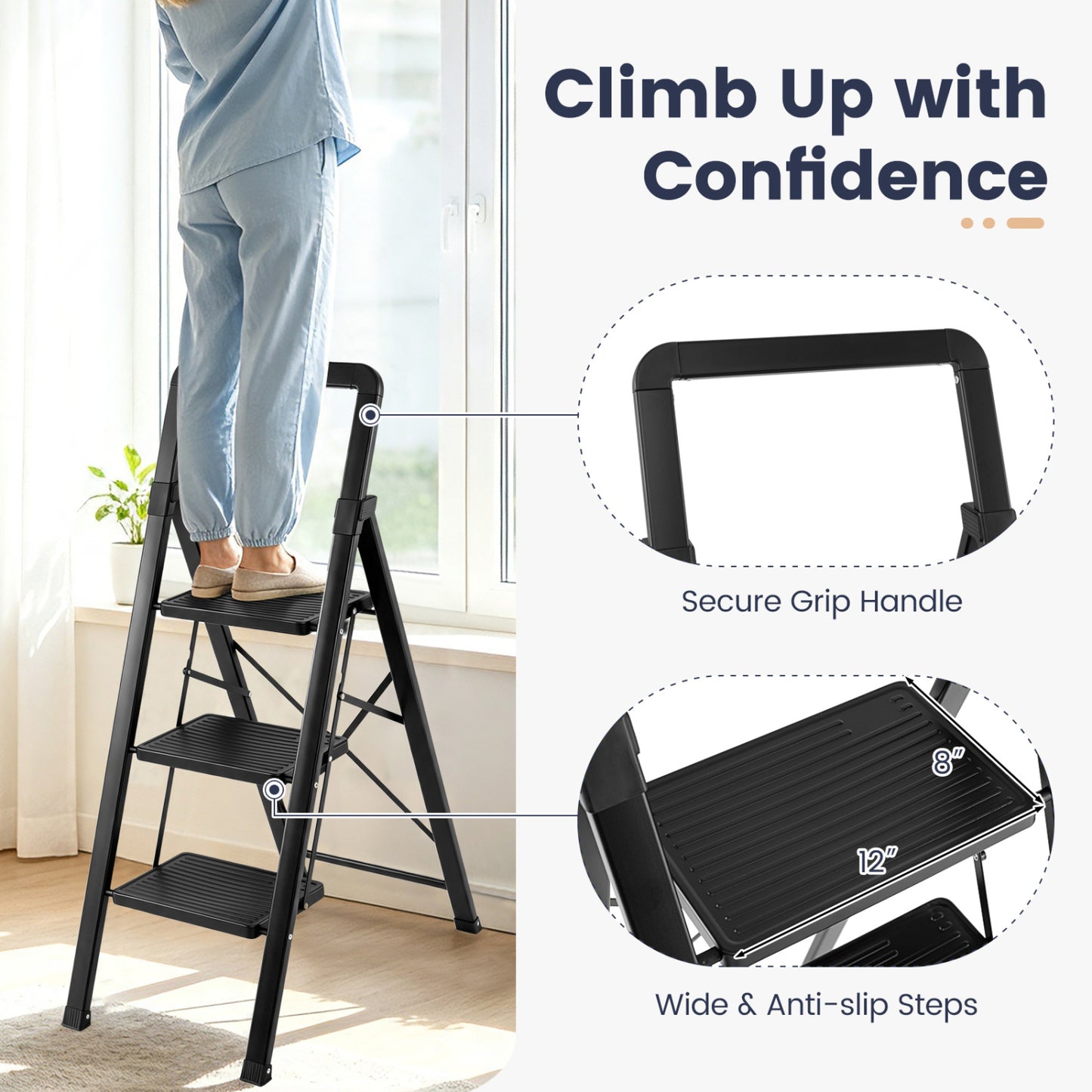 3 Step Folding Step Stool with Wide Anti-slip Pedals, Black