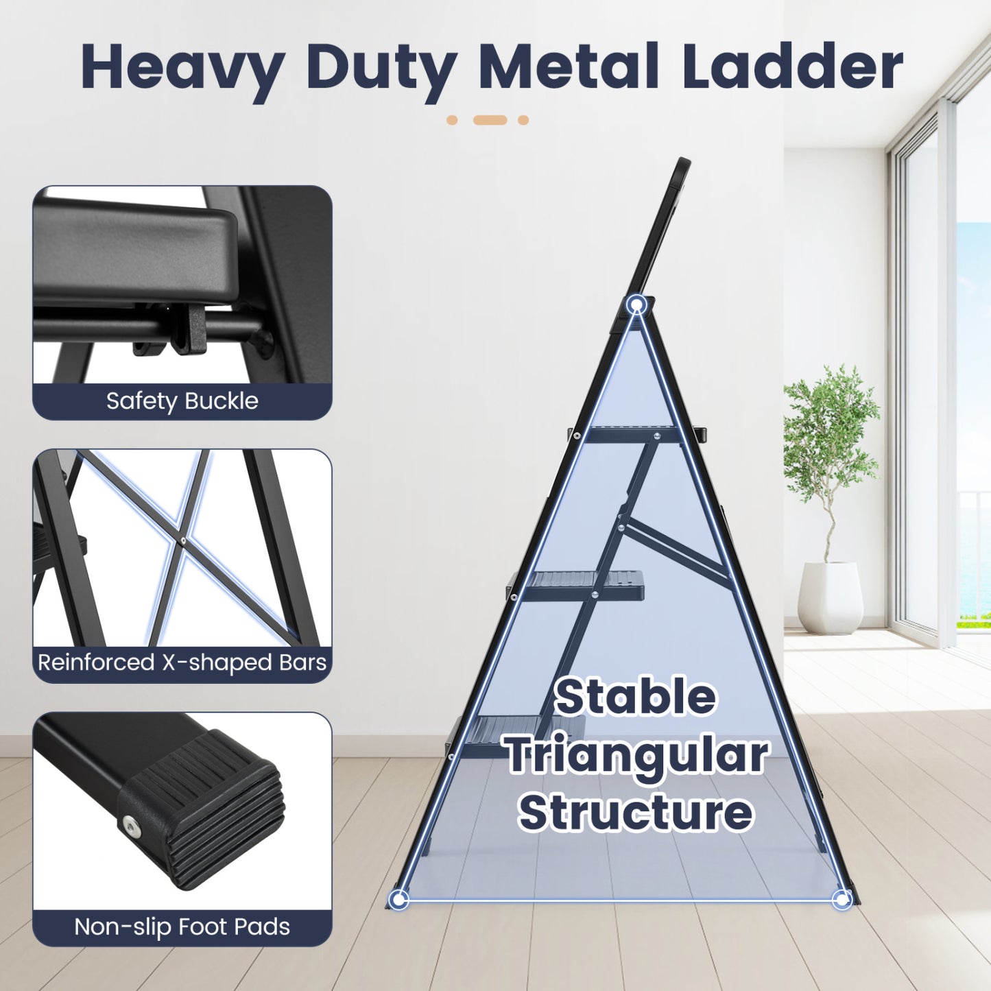 3 Step Folding Step Stool with Wide Anti-slip Pedals, Black
