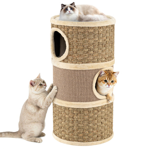 3-Story Cat Condo 28 Inch Multi-level Cat Hideaway with Sisal Scratching Pad, Brown