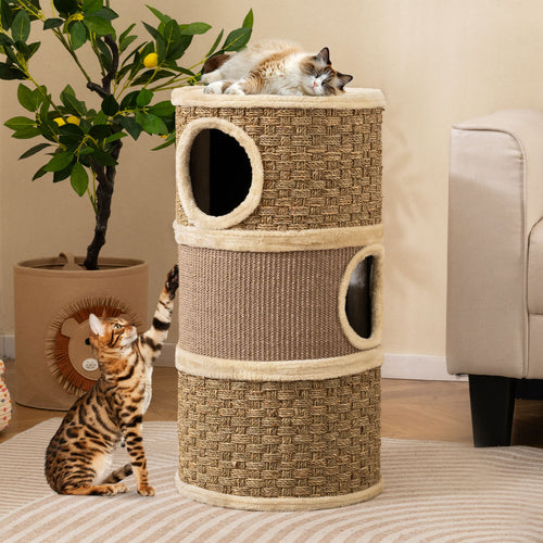 3-Story Cat Condo 28 Inch Multi-level Cat Hideaway with Sisal Scratching Pad, Brown