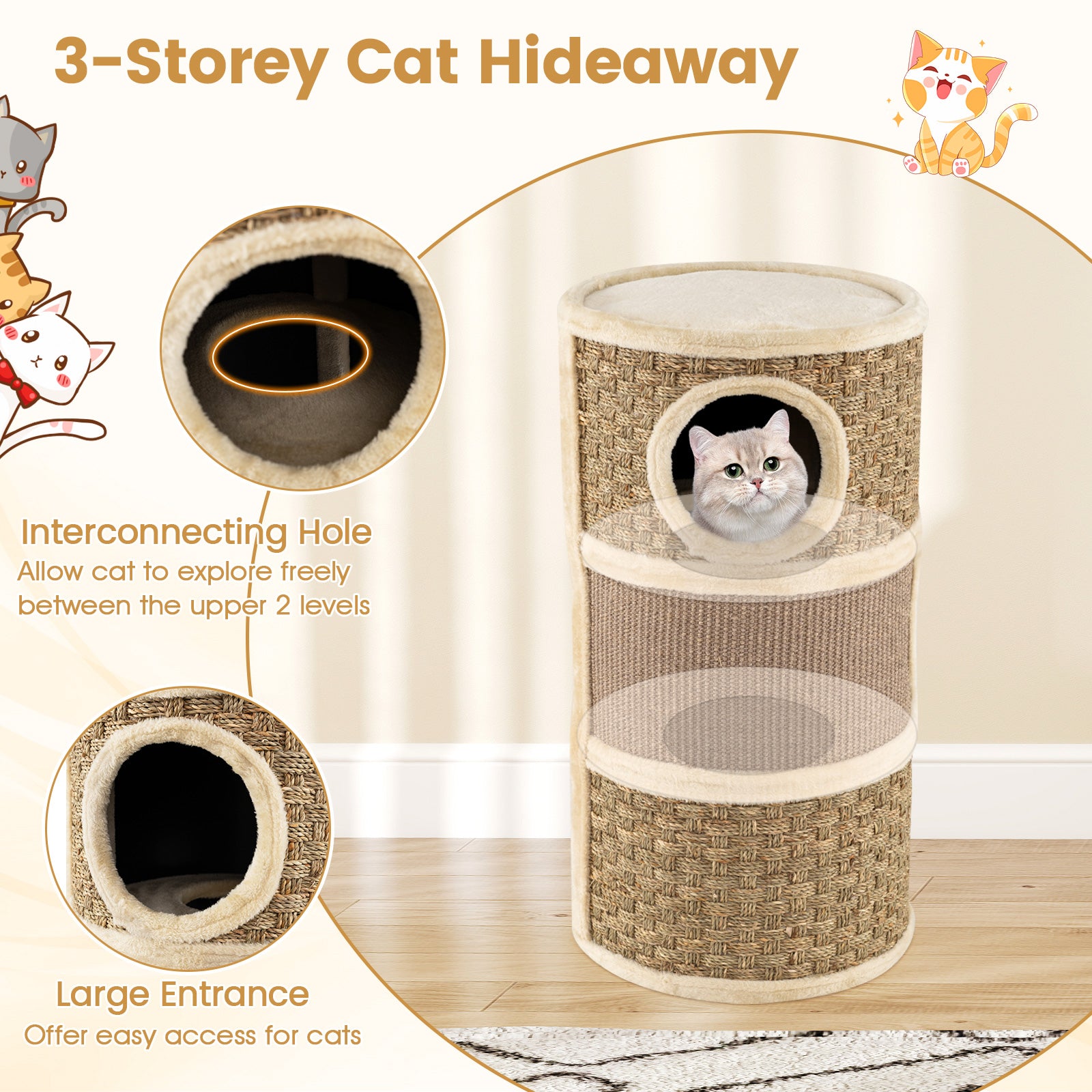 3-Story Cat Condo 28 Inch Multi-level Cat Hideaway with Sisal Scratching Pad, Brown Cat Trees Condos & Scratchers at Gallery Canada