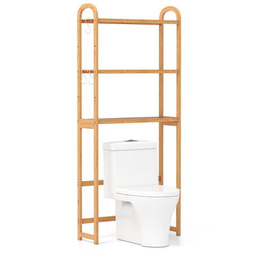 3-Tier Bamboo Bathroom Floor Organizer, 5-Position Shelves, 3 Hooks, Natural