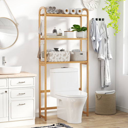 3-Tier Bamboo Bathroom Floor Organizer, 5-Position Shelves, 3 Hooks, Natural