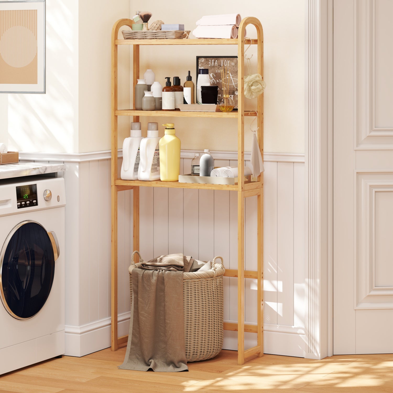 3-Tier Bamboo Bathroom Floor Organizer, 5-Position Shelves, 3 Hooks, Natural Bathroom Etagere at Gallery Canada