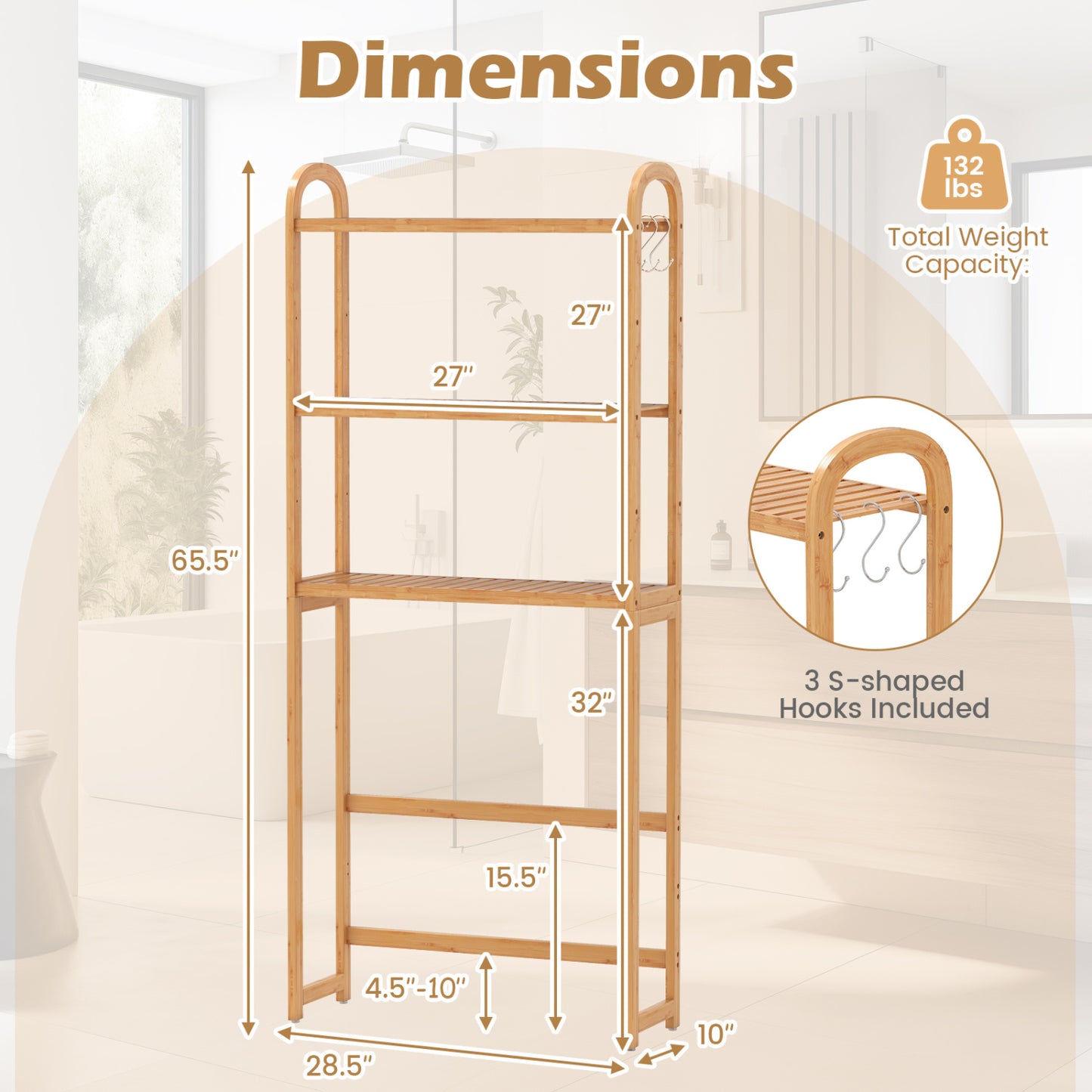 3-Tier Bamboo Bathroom Floor Organizer, 5-Position Shelves, 3 Hooks, Natural Bathroom Etagere at Gallery Canada