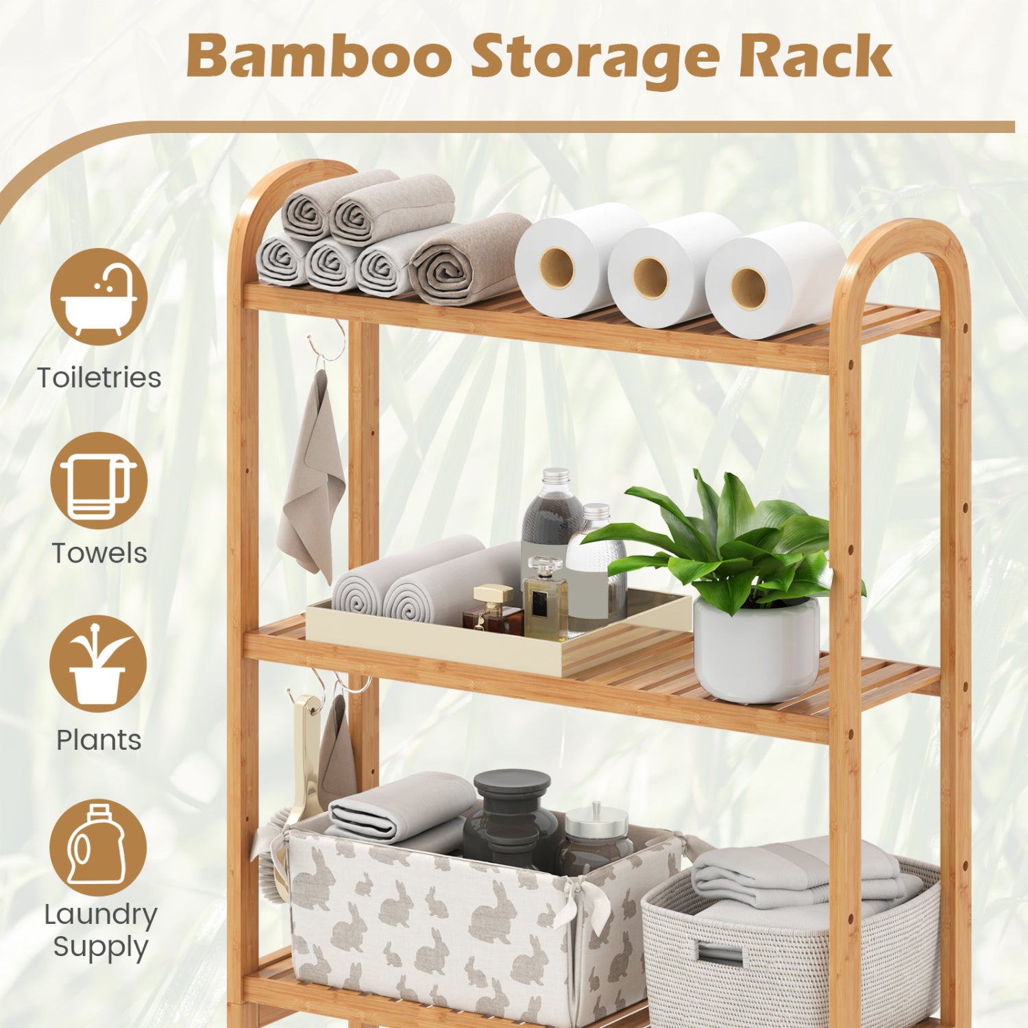 3-Tier Bamboo Bathroom Floor Organizer, 5-Position Shelves, 3 Hooks, Natural Bathroom Etagere at Gallery Canada
